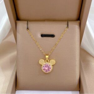 925 Sterling Silver Gold Minnie Mouse Pendant Necklace with Pink Gemstone